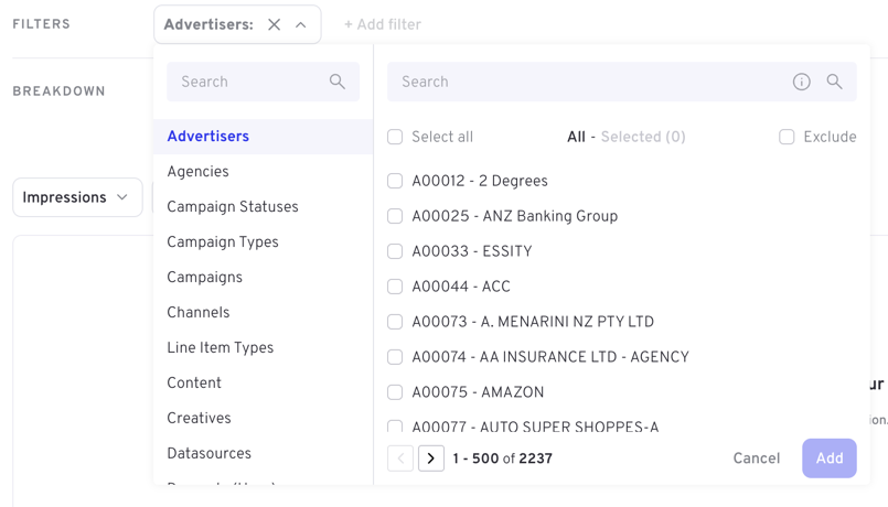The filter picker: dimensions on the left, their values on the right