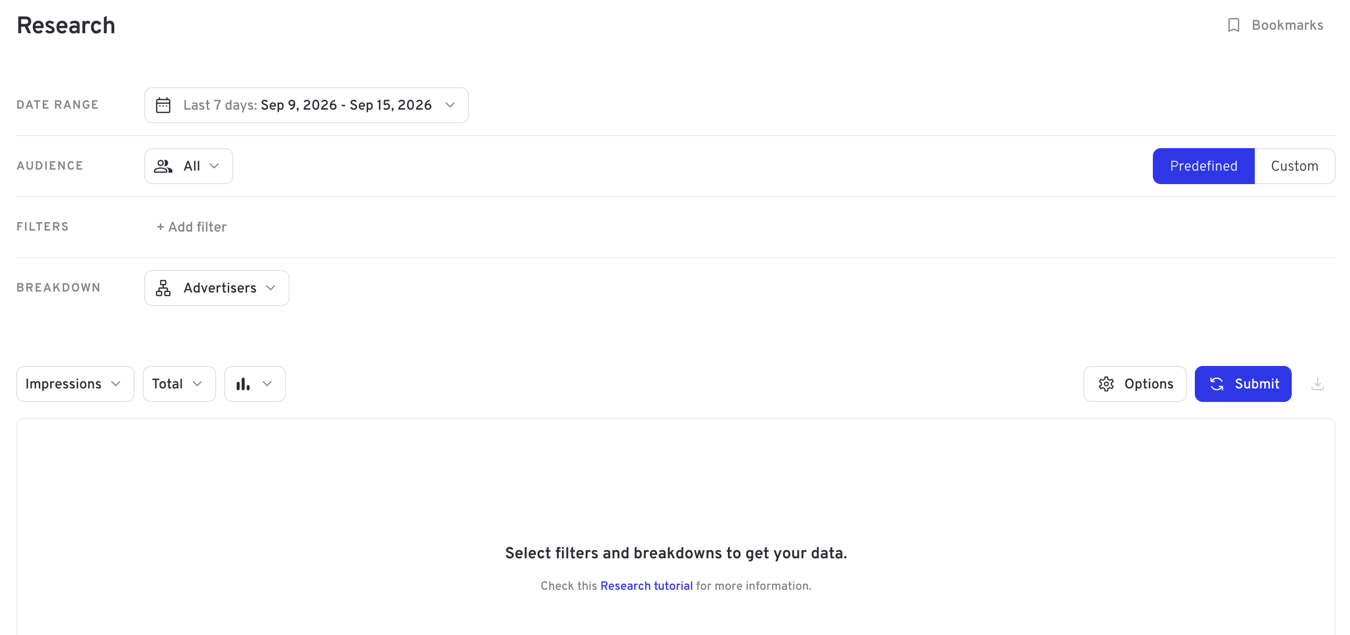 The Research query builder before a query has been run