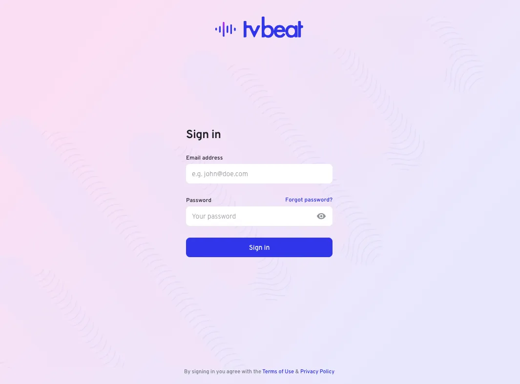 The tvbeat sign-in screen